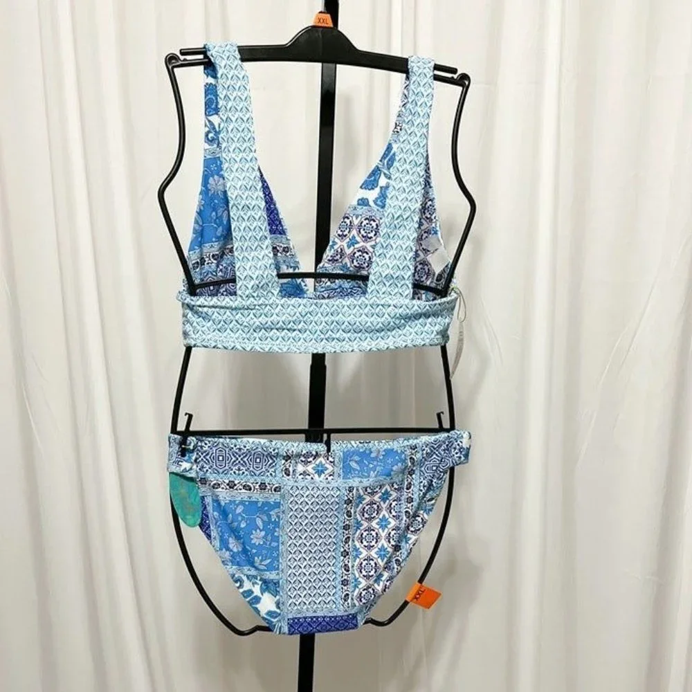 Mynah  NWT Sz L Blue Midkini  & Hipster Mid-Rise Bottom Reversible Swimsuit Set